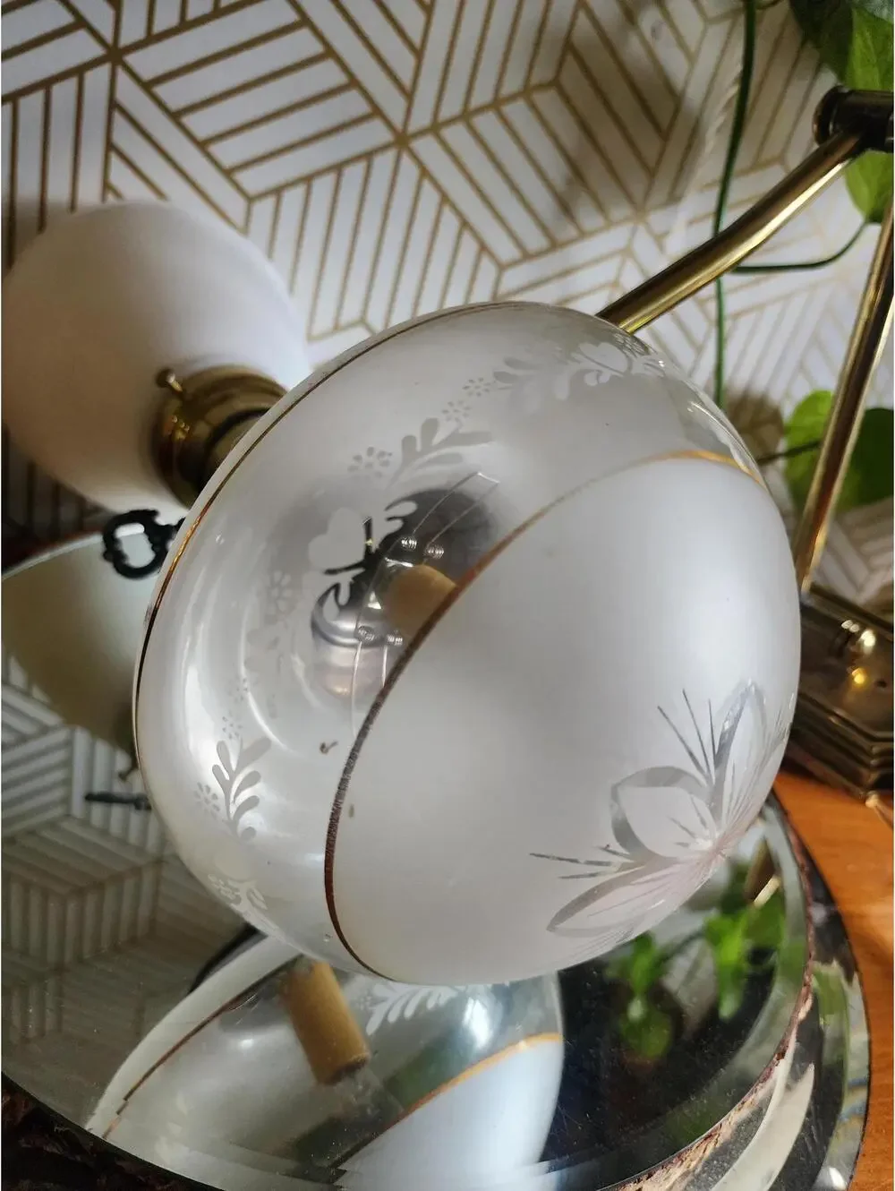 Vintage Brass and Etched Glass Swing Arm Wall 2 Way Lamp